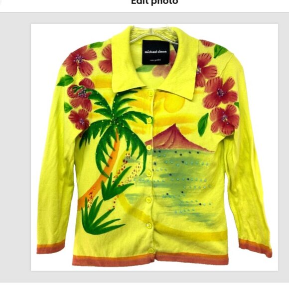 Michael Simon VTG Womens yellow green Sequin Beach Island Huts Cardigan medium - Picture 16 of 16